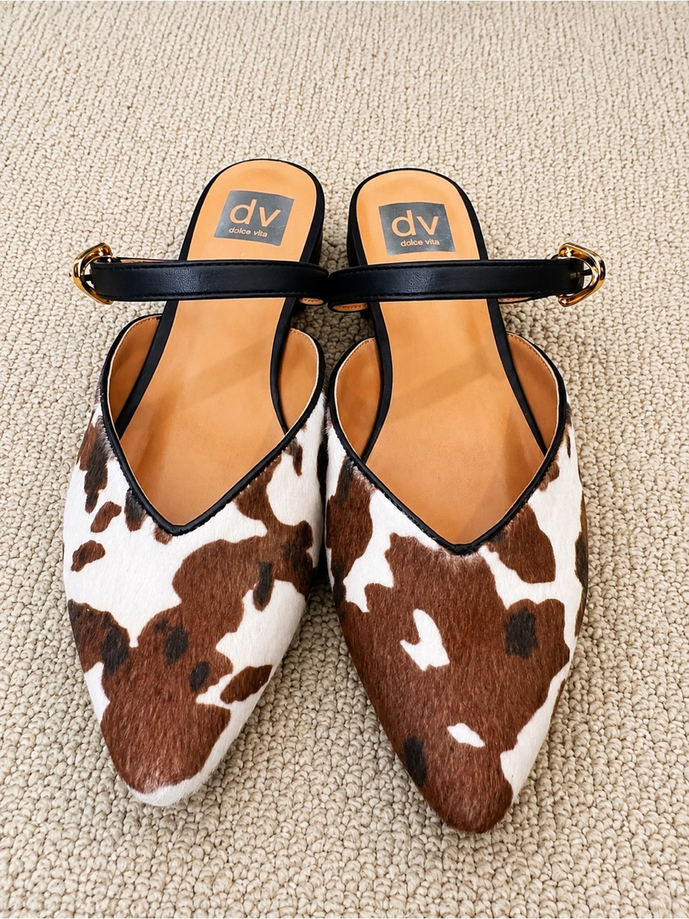 DV by Dolce Vita Brown and White Cowprint Pointed Mules with Black Strap